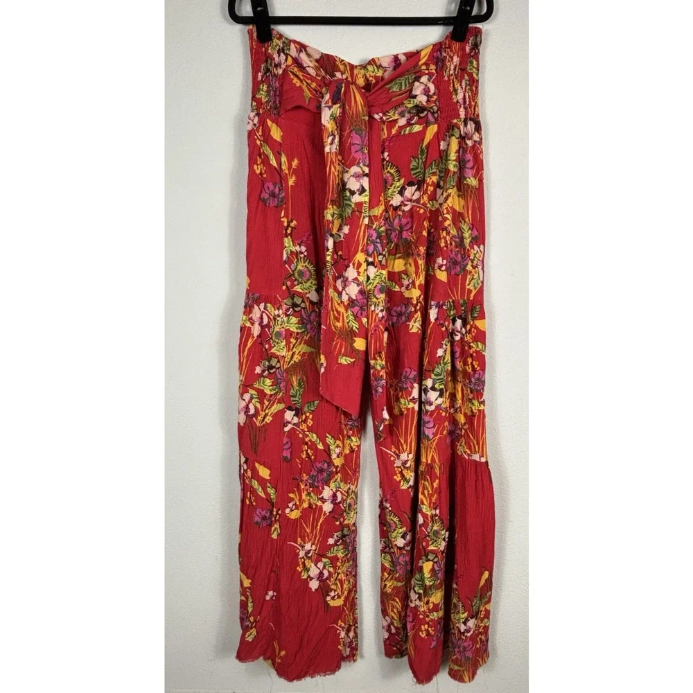 Free People One Pants L Red Aloha Floral Tie Waist Wide Leg Boho Resort Vacation
